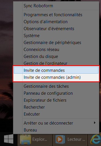 Ouvrir l'invite de commandes via le menu Windows + X