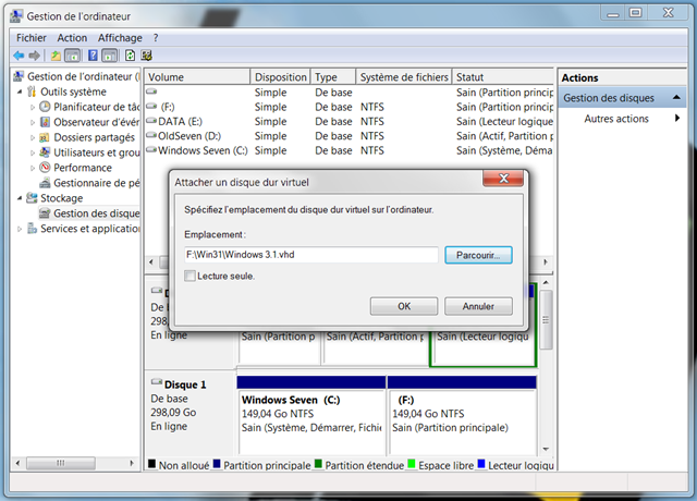 Attacher un disque dur virtuel VHD avec Windows